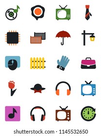 Color and black flat icon set - case vector, mouse, stamp, fence, glove, garden light, cargo container, umbrella, tulip, tv, headphones, music, tie, dress code, chip, clock