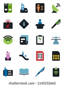 Color and black flat icon set - runway vector, elevator, escalator, bomb in case, reception, book, pulse clipboard, office phone, satellite antenna, radio, sim, wireless, news, pen, information