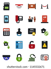 Color and black flat icon set - fence vector, passport control, hose, sd, lock, identity card, stamp, estate insurance, vip zone, home, intercome, app, combination, surveillance, sprinkler