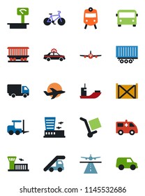 Color and black flat icon set - runway vector, airport bus, train, alarm car, fork loader, ladder, plane, building, ambulance, bike, railroad, sea shipping, truck trailer, delivery, container, cargo