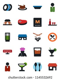 Color and black flat icon set - spoon and fork vector, waiter, cook, alcohol, menu, reserved, drink, cocktail, plates, cafe building, chicken, steak, bowl, sushi, storefront