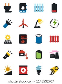 Color and black flat icon set - factory vector, oil barrel, low battery, torch, brightness, charge, desk lamp, sun panel, windmill, home control, power plug, water heater, radiator