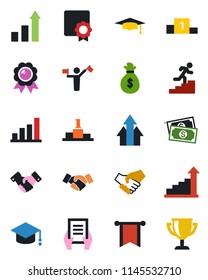 Color and black flat icon set - dispatcher vector, handshake, growth statistic, medal, graduate, document, cash, sertificate, bar graph, career ladder, arrow up, money bag, pennon, pedestal