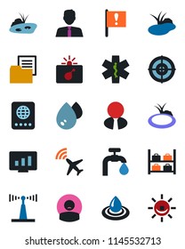 Color and black flat icon set - plane radar vector, bomb in case, passport, luggage storage, statistic monitor, pond, ambulance star, patient, important flag, folder document, antenna, target