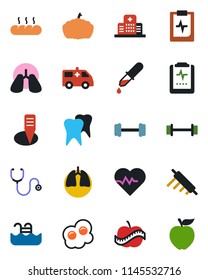 Color and black flat icon set - plant label vector, pumpkin, heart pulse, stethoscope, dropper, ambulance car, barbell, lungs, tooth, clipboard, diet, hospital, pool, bread, rolling pin, omelette