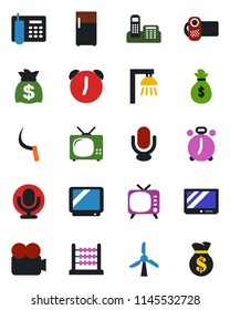Color and black flat icon set - alarm clock vector, money bag, sickle, tv, video camera, microphone, abacus, office phone, outdoor lamp, fridge, windmill