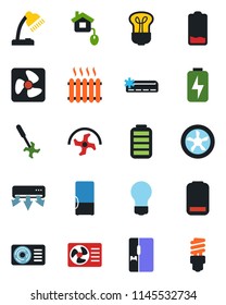 Color and black flat icon set - bulb vector, ripper, battery, low, charge, desk lamp, heater, air conditioner, fridge, home control, fan, energy saving
