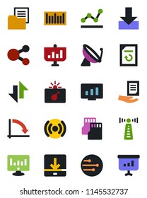 Color and black flat icon set - antenna vector, satellite, bomb in case, crisis graph, document, statistic monitor, reload, folder, barcode, sd, network, data exchange, download, point, wireless
