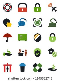 Color and black flat icon set - plane radar vector, passport control, security gate, safe, lock, hose, patch, umbrella, shield, eye id, estate insurance, water filter, home protect, palm sproute