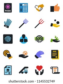 Color and black flat icon set - passport vector, ladder car, farm fork, glove, heart hand, client, touch screen, finger up, fingerprint id, contract, estate document, combination lock, palm sproute