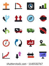 Color and black flat icon set - signpost vector, left arrow, crisis graph, route, navigation, up side sign, update, data exchange, compass, bar, moving, clock, growth, presentation