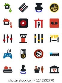 Color and black flat icon set - airport tower vector, baggage conveyor, passport control, security gate, stamp, radar, gamepad, settings, remote, rec button, record, air conditioner, vip zone, home