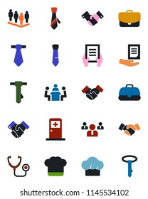 Color and black flat icon set - medical room vector, handshake, team, tie, document, stethoscope, meeting, cook hat, case