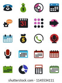 Color and black flat icon set - right arrow vector, calendar, circle chart, microphone, menu, calculator, phone, home message, money bag