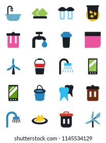 Color and black flat icon set - trash bin vector, shower, bucket, tooth, mobile, blank box, water supply, bathroom, serviette, filter, windmill