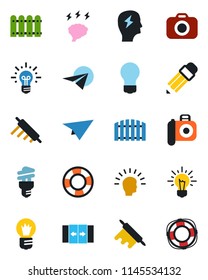 Color and black flat icon set - automatic door vector, brainstorm, bulb, camera, pencil, fence, rolling pin, energy saving, shining head, idea, paper plane, crisis management