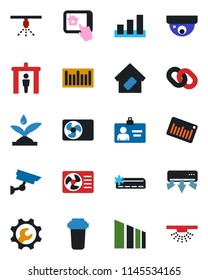 Color and black flat icon set - security gate vector, identity card, sorting, barcode, chain, root setup, air conditioner, smart home, irrigation, control app, water filter, surveillance, sprinkler
