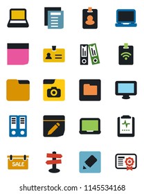 Color and black flat icon set - identity vector, office binder, notebook pc, document, pulse clipboard, signpost, monitor, laptop, folder, notes, photo gallery, blank box, sale, pass card