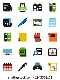 Color and black flat icon set - book vector, document search, pen, notepad, calendar, printer, medical, news, copybook, contract