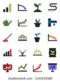 Color and black flat icon set - growth statistic vector, seedling, watering can, sproute, hoe, greenhouse, fertilizer, drip irrigation, bar graph, point, crisis, presentation