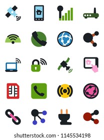 Color and black flat icon set - wireless notebook vector, satellite, network, share, chain, call, sim, cellular signal, power plug, lock, router, home control app, social media