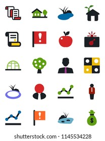 Color and black flat icon set - bomb in case vector, manager, contract, greenhouse, pond, important flag, application, point graph, house with tree, fruit, estate agent, apple, eco, money bag