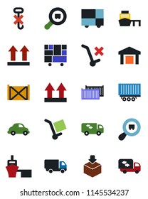 Color and black flat icon set - truck trailer vector, cargo container, car delivery, sea port, consolidated, up side sign, no trolley, hook, warehouse, package, search, moving