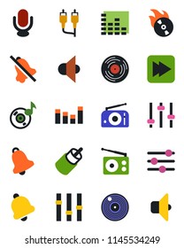 Color and black flat icon set - vinyl vector, flame disk, radio, speaker, settings, equalizer, microphone, fast forward, rca, tuning, bell, mute, music, sound