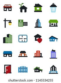 Color and black flat icon set - house vector, garden light, hospital, store, office building, with garage, fence, plan, sweet home, city, cafe, eco, door