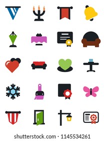 Color and black flat icon set - pennant vector, butterfly, garden light, heart, themes, bell, sertificate, cushioned furniture, restaurant table, candle, snowflake, door, pennon, certificate