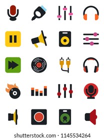 Color and black flat icon set - vinyl vector, flame disk, speaker, loudspeaker, settings, equalizer, microphone, headphones, pause button, fast forward, rca, hdmi, tuning, record, sound