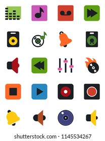 Color and black flat icon set - vinyl vector, flame disk, speaker, equalizer, play button, stop, fast forward, rewind, rec, tuning, bell, record, music, sound