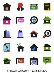 Color and black flat icon set - office building vector, house, contract, garage, estate document, rent, sold signboard, search, agent, smart home, city, eco, message