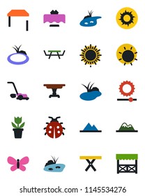 Color and black flat icon set - sun vector, flower in pot, lawn mower, butterfly, lady bug, pond, picnic table, brightness, mountains, restaurant, alcove