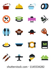 Color and black flat icon set - spoon and fork vector, dish, restaurant table, serviette, cafe, menu, plates, waiter, dress code, kebab, ham, bowl, steaming pan, sushi