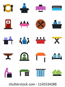 Color and black flat icon set - baby room vector, reception, flight table, medical, desk, meeting, picnic, manager, restaurant, cafe, reserved, salt and pepper, serviette