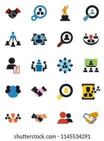 Color and black flat icon set - handshake vector, hierarchy, pedestal, patient, group, company, hr, meeting, client search, consumer