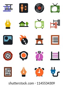 Color and black flat icon set - elevator vector, alarm clock, tv, abacus, stamp, fireplace, film frame, vinyl, flame disk, gallery, ink pen, house with tree, power plug