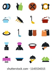 Color and black flat icon set - cook vector, restaurant table, serviette, cafe, plates, waiter, salt and pepper, ladle, bowl, rolling pin, cutting board, steaming pan