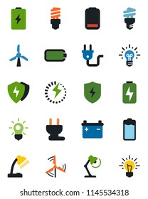 Color and black flat icon set - battery vector, low, protect, charge, desk lamp, windmill, power plug, bulb, energy saving, idea