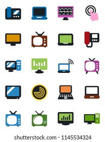 Color and black flat icon set - wireless notebook vector, radar, pc, statistic monitor, pulse, tv, touch screen, laptop, statistics, intercome
