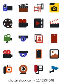 Color and black flat icon set - clapboard vector, film frame, reel, camera, video, phone back, gallery, photo, web, intercome, surveillance