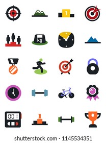 Color and black flat icon set - pedestal vector, medal, barbell, bike, run, heavy, clock, stopwatch, target, mountains, award cup