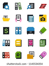 Color and black flat icon set - office binder vector, document search, receipt, folder, photo gallery, paper, tray, archive box, usb flash