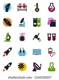 Color and black flat icon set - satellite antenna vector, book, blood test vial, dropper, microscope, ampoule, joint, virus, sd, thermometer, rocket, flask