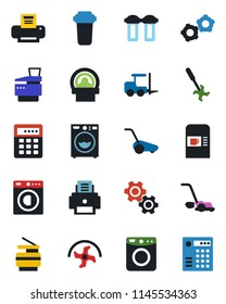 Color and black flat icon set - coffee machine vector, fork loader, gear, ripper, lawn mower, tomography, printer, copier, washer, water filter, combination lock
