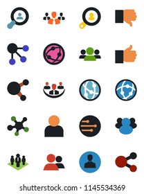 Color and black flat icon set - network vector, share, group, finger up, down, user, company, client search, social media