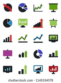 Color and black flat icon set - growth statistic vector, presentation board, crisis graph, monitor, circle chart, statistics, bar, pie, point, arrow up