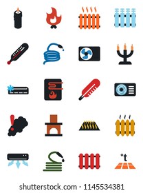 Color and black flat icon set - fire vector, hose, fireplace, thermometer, heater, air conditioner, candle, water, smoke detector, radiator, warm floor