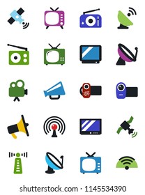 Color and black flat icon set - antenna vector, satellite, radio, loudspeaker, tv, video camera, wireless